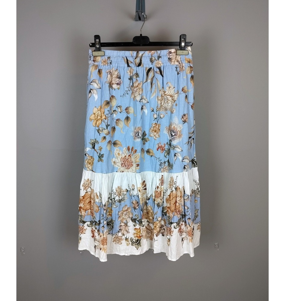 Linen Blend Voluminous Flowy Floral Midi Skirt Blue Bohemian Rachel Zoe